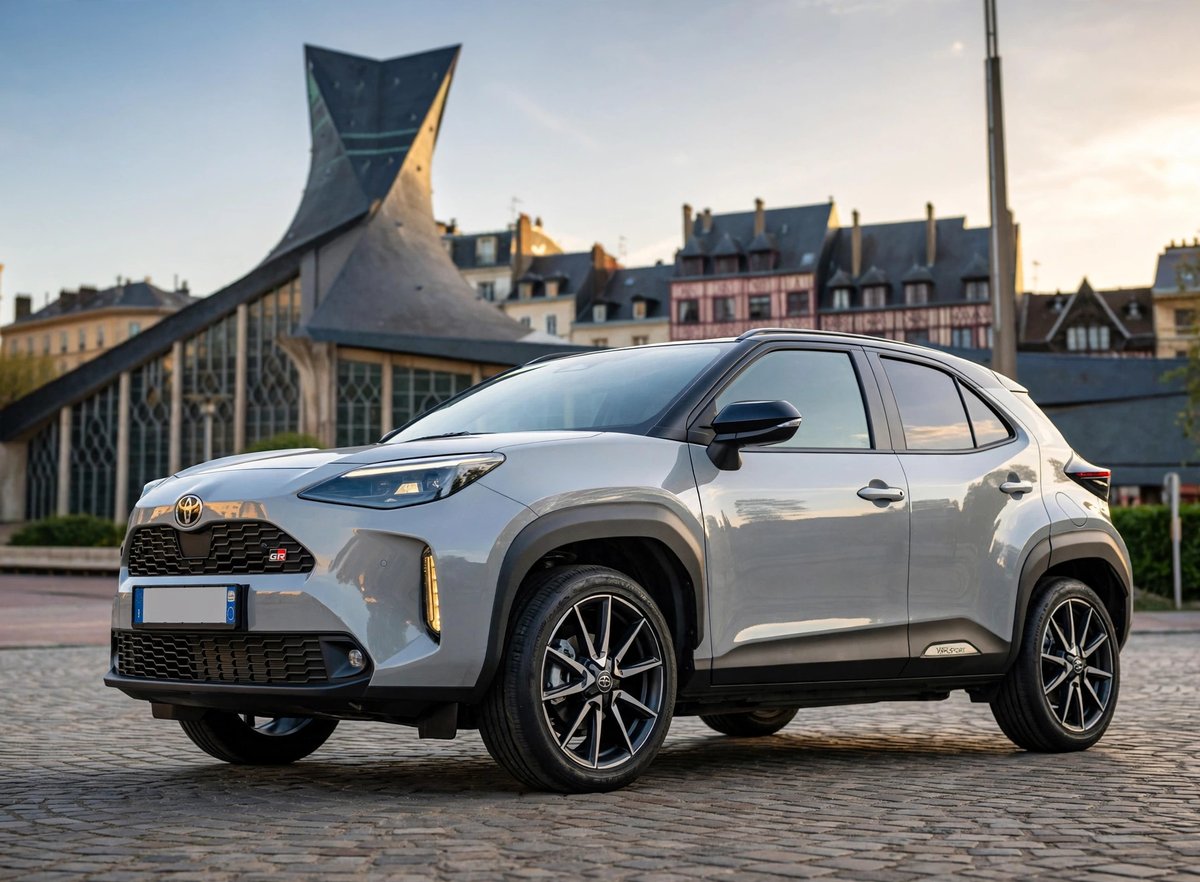 Toyota Yaris Cross VTC Elbeuf in front of Saint-Joan-of-Arc church in Rouen